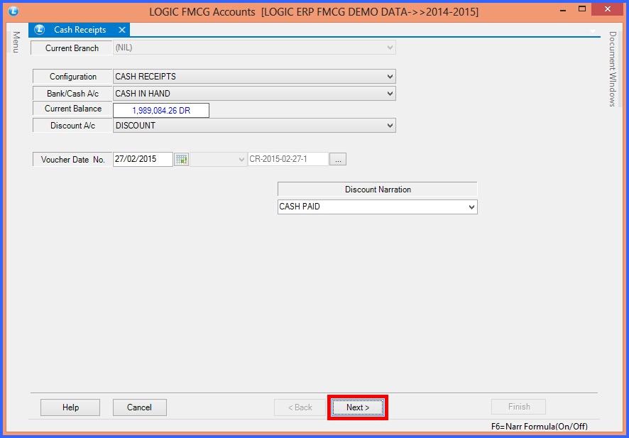 fmcg cash receipts header details